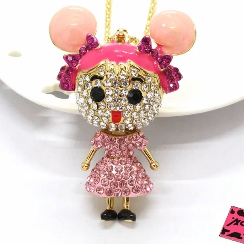 Adorable Pink Bling Cartoon Girl Crystal Pendant Necklace NWOT